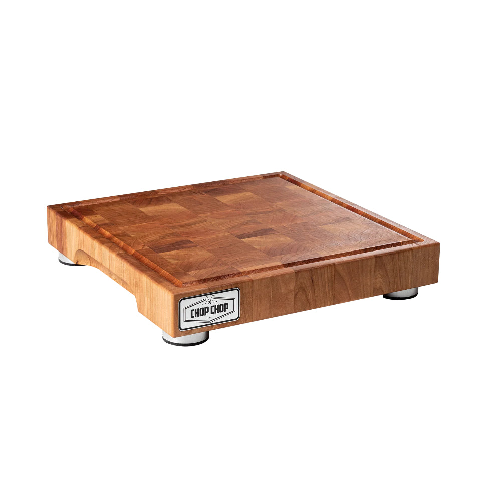 Bloc de boucher Chop Chop avec stabilisateurs en aluminium brossé et rainure à jus (Coupe grain debout) –Cerisier