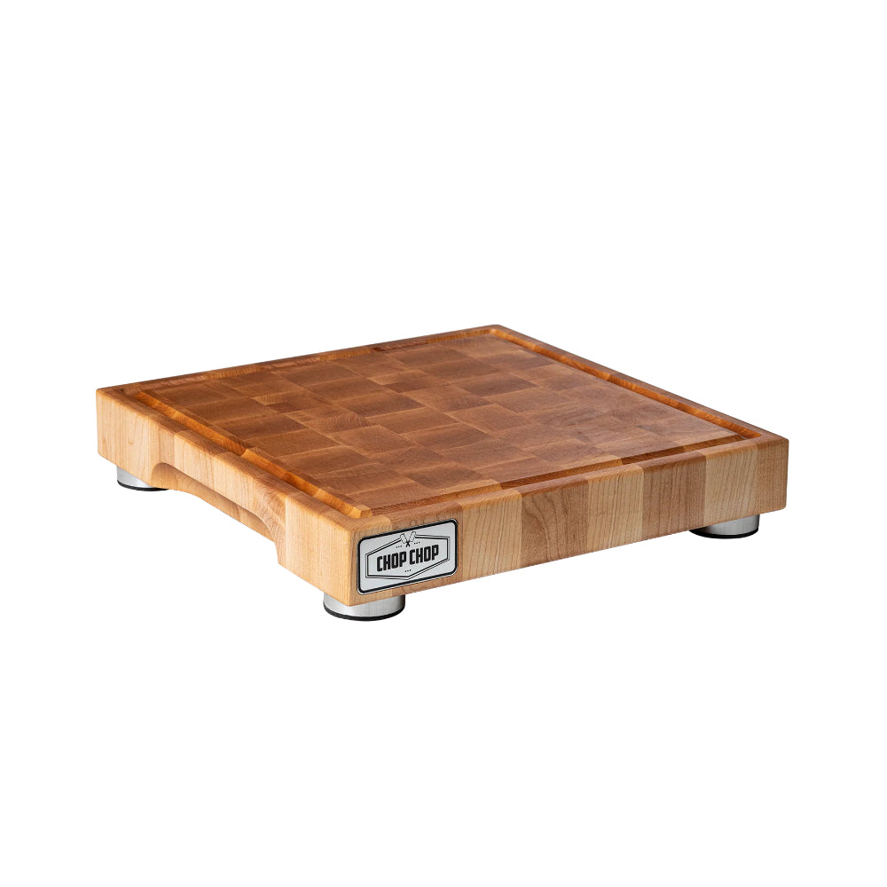 Bloc de boucher Chop Chop avec stabilisateurs en aluminium brossé et rainure à jus (Coupe grain debout) – Érable