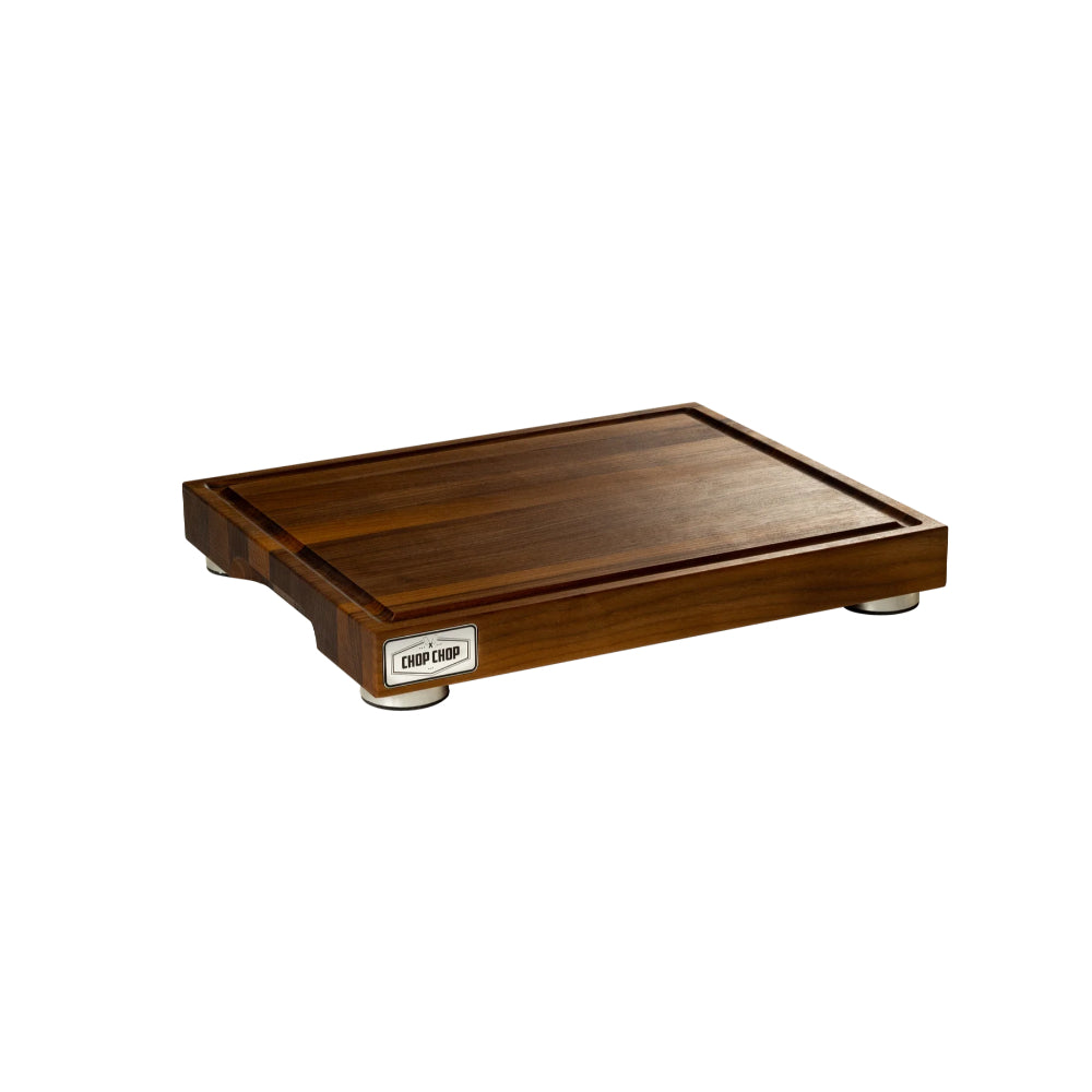 Bloc de boucher Chop Chop avec stabilisateurs en aluminium brossé et rainure à jus (Coupe quartier) – Noyer