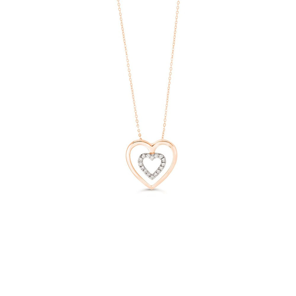 Pendentif double cœur en or rose Victoria's Finest avec cœur central rempli de diamants, 10 carats, chaîne réglable de 18 po, 0,08 ct