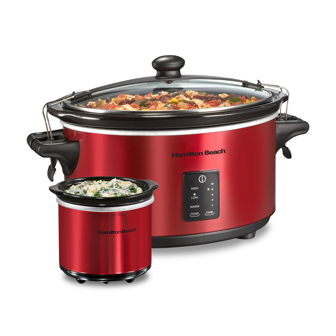 Hamilton Beach Programmable Stay or Go Slow Cooker with Party Dipper Food Warmer - Red