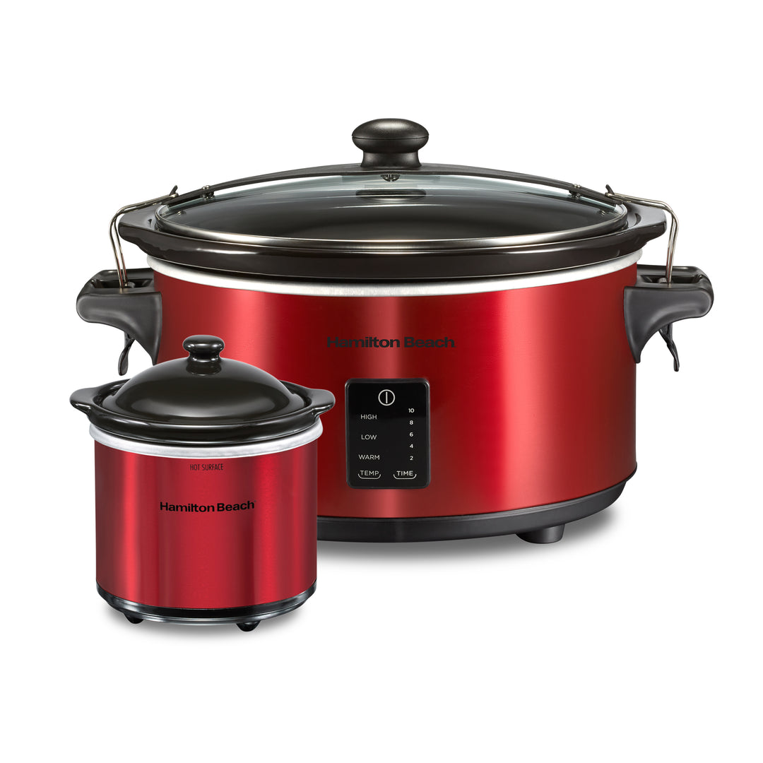 Hamilton Beach Programmable Stay or Go Slow Cooker with Party Dipper Food Warmer - Red