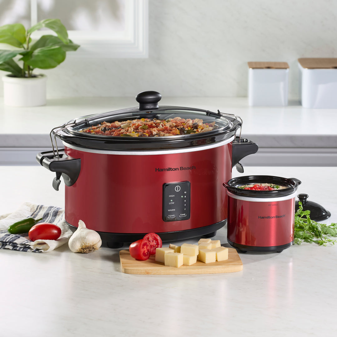 Hamilton Beach Programmable Stay or Go Slow Cooker with Party Dipper Food Warmer - Red