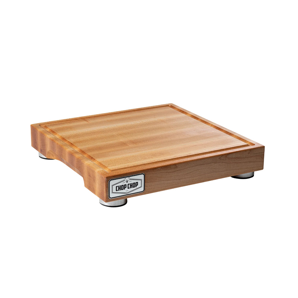 Bloc de boucher Chop Chop avec stabilisateurs en aluminium brossé et rainure à jus (Coupe quartier) – Érable
