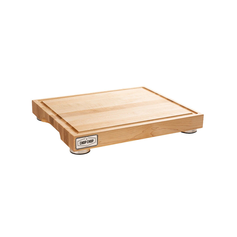 Bloc de boucher Chop Chop avec stabilisateurs en aluminium brossé et rainure à jus (Coupe quartier) – Érable
