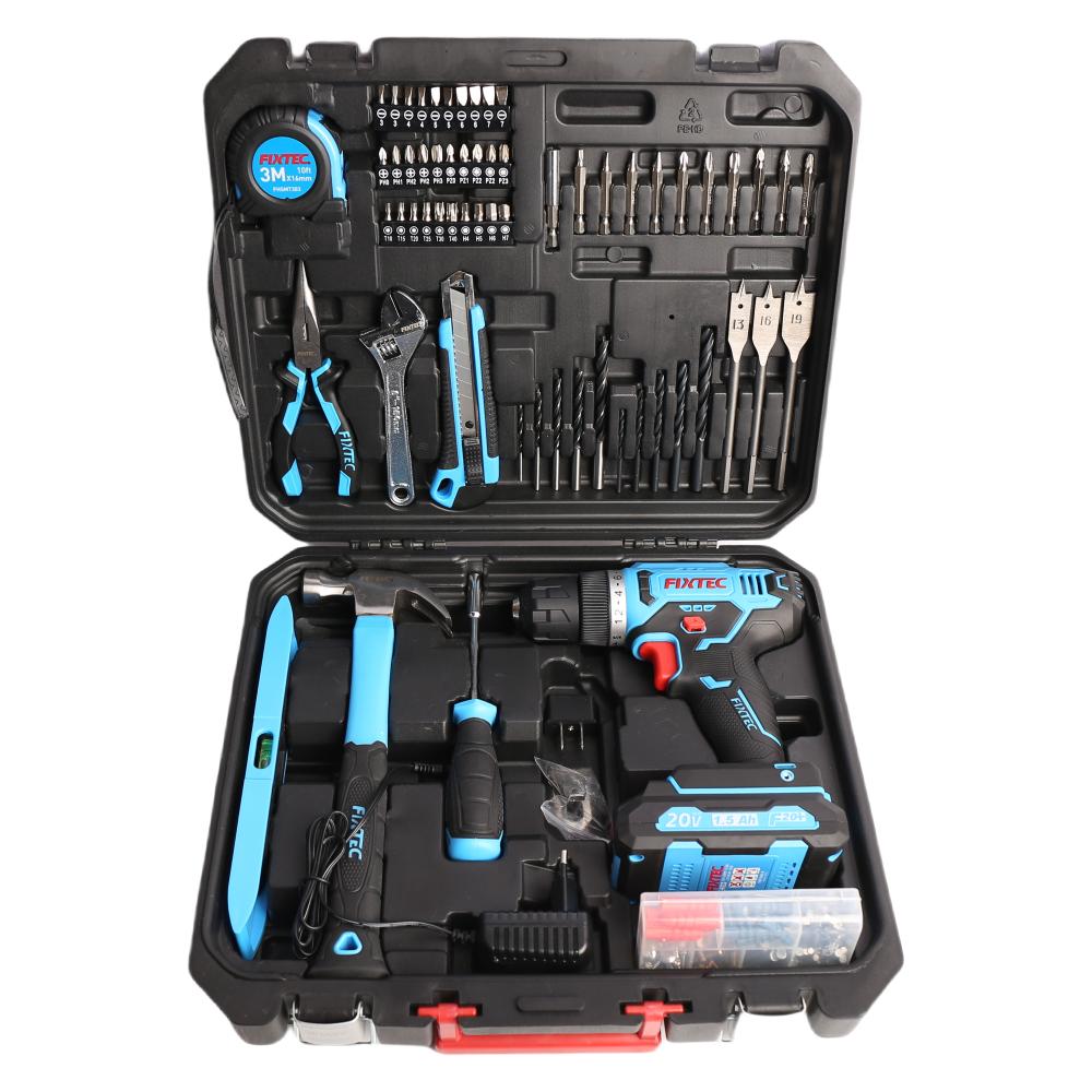 FIXTEC 20V cordless Drill Kit with Battery, Charger & 221 Piece Accessory Kit