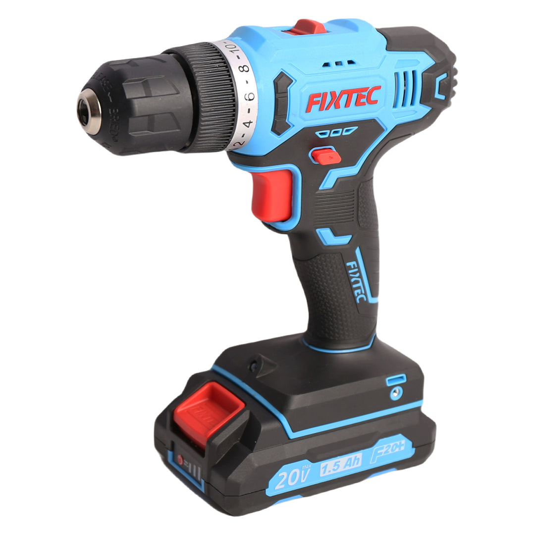 FIXTEC 20V Cordless Drill Kit with (2) Batteries, Charger, Storage Case, Accessories