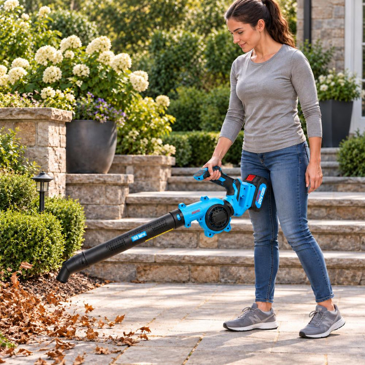 FIXTEC 20V Cordless Garden Blower Kit with Battery, Charger & Accessories
