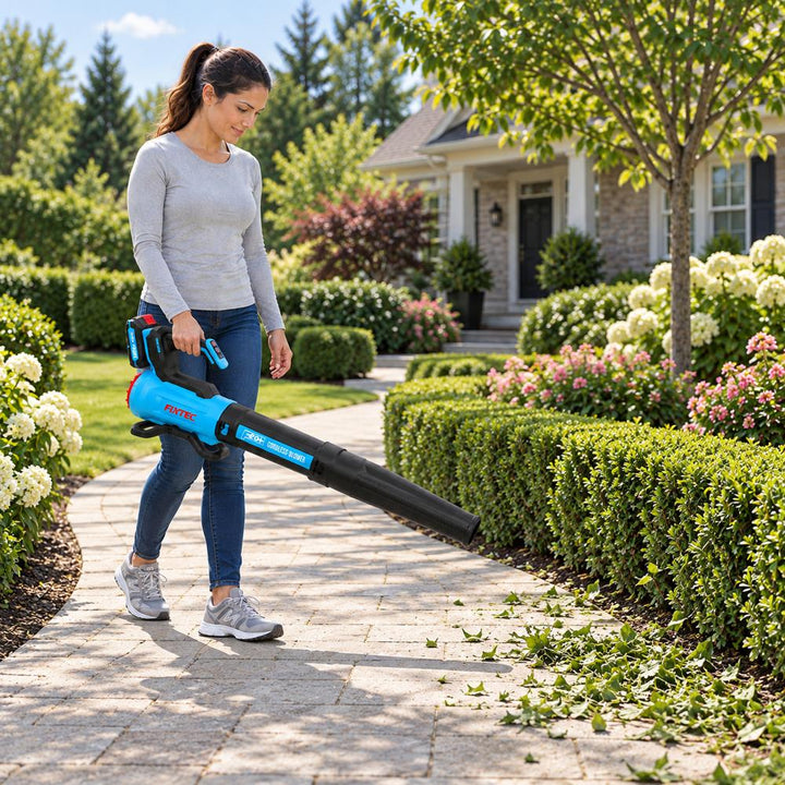 FIXTEC 20V Cordless Dual Speed Garden Blower Kit with Battery and Charger