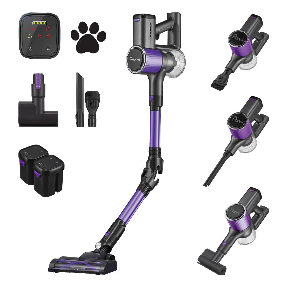 Aspirateur-balai sans fil Panni 5-en-1 pour animaux avec moteur sans balais, brosse motorisée pour poils d'animaux et 2 batteries, S2 MAX Pet – Violet