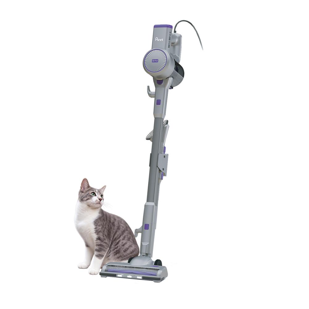 Aspirateur-balai filaire Panni 5-en-1 pour animaux, debout seul, avec brosse motorisée pour poils d'animaux – Argent